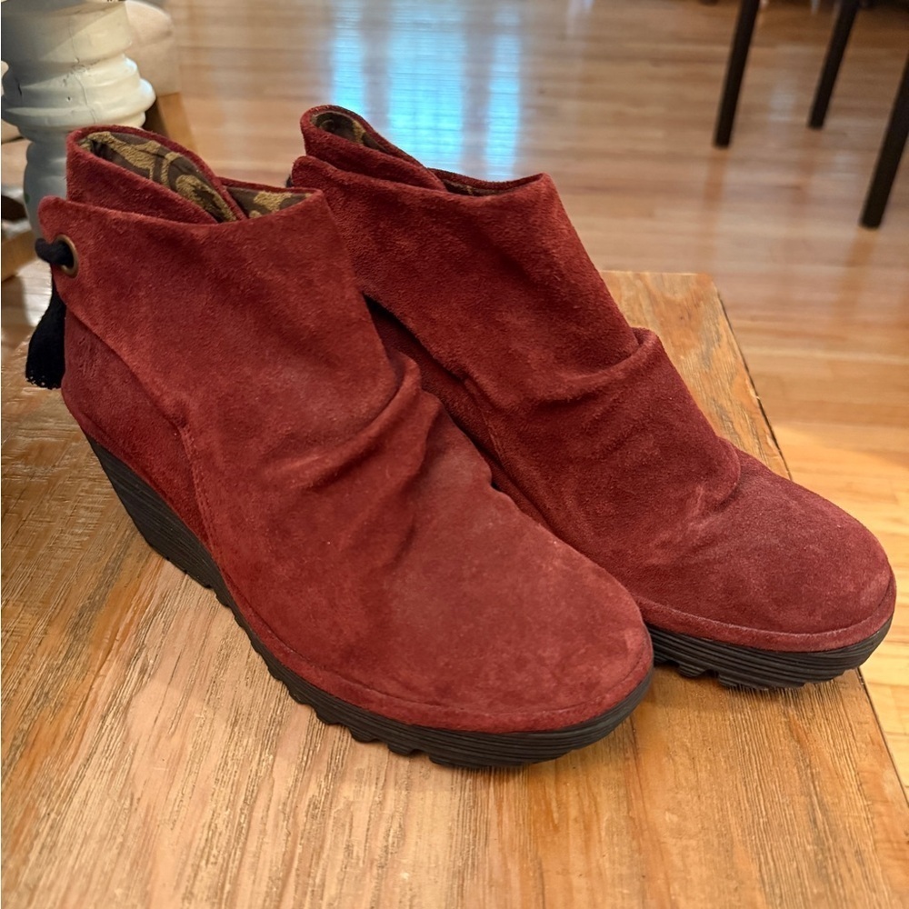 Fly London Wine Burgundy Suede Ankle Boots with Wedge Sole